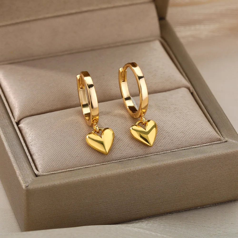 Heart Stainless Steel Earrings for Women – Gold Color Hoop Earring with Zircon, Waterproof & Trendy