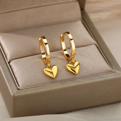 Heart Stainless Steel Earrings for Women – Gold Color Hoop Earring with Zircon, Waterproof & Trendy