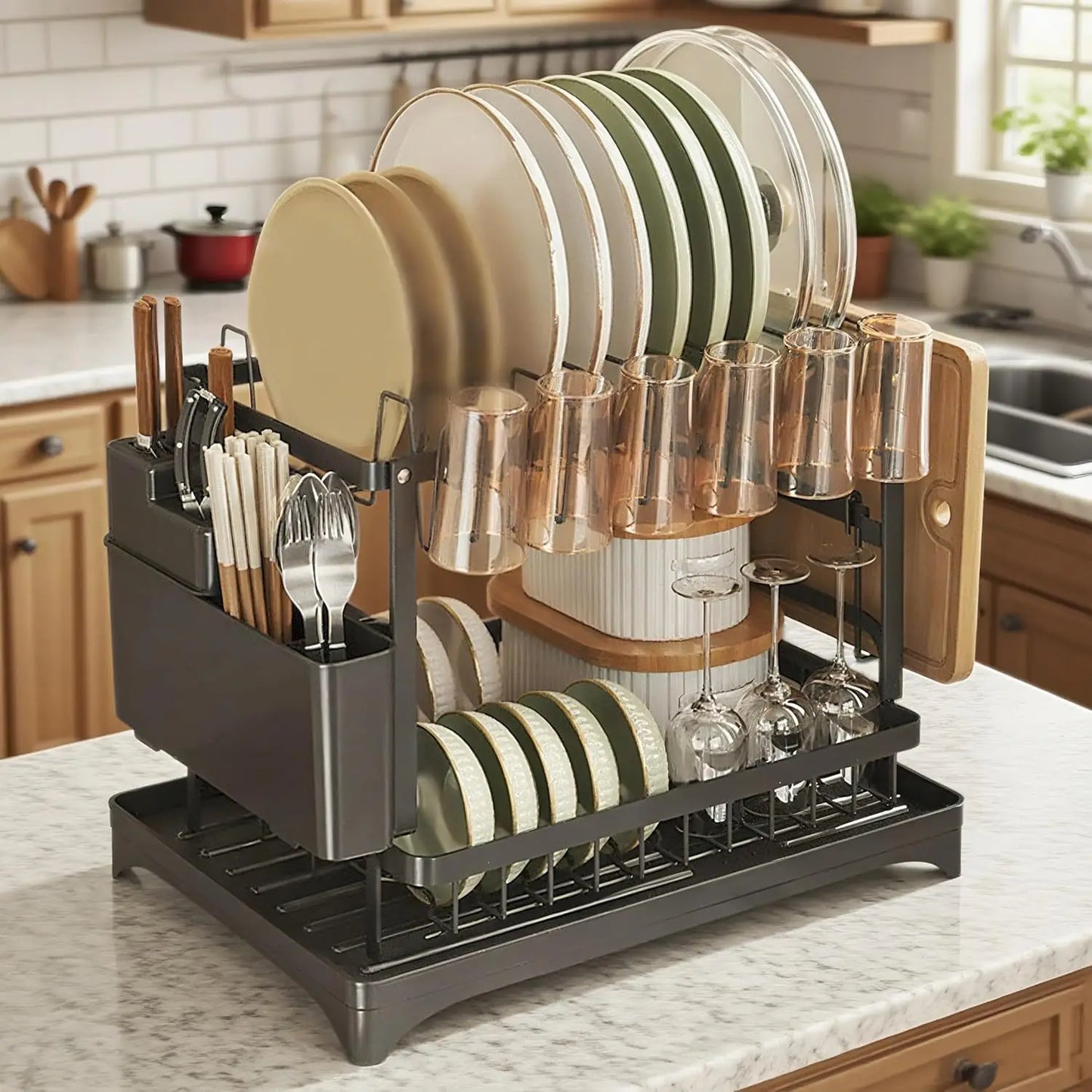 2 Tier Dish Drying Rack Kitchen Bowl Drainer Storage Rack Tableware Drain Chopsticks Knife Fork Water Cup Storage Holder 2 Tier