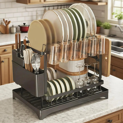 2 Tier Dish Drying Rack Kitchen Bowl Drainer Storage Rack Tableware Drain Chopsticks Knife Fork Water Cup Storage Holder 2 Tier