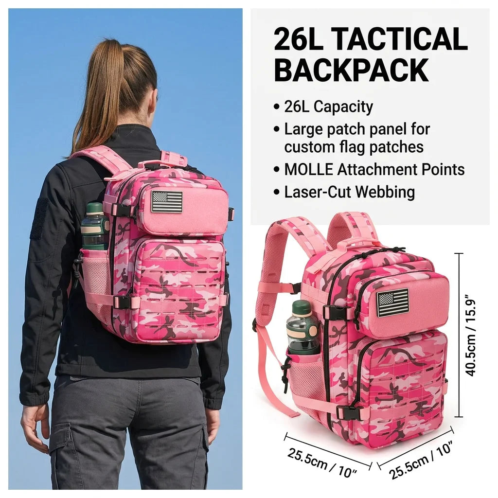 26L Tactical Travel Backpack for Men with Dual Cup Holders, MOLLE Outdoor Hiking Rucksack for Fitness Gym, Camping & Daily Commute