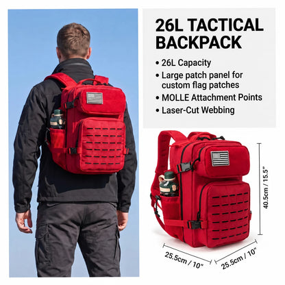 26L Tactical Travel Backpack for Men with Dual Cup Holders, MOLLE Outdoor Hiking Rucksack for Fitness Gym, Camping & Daily Commute