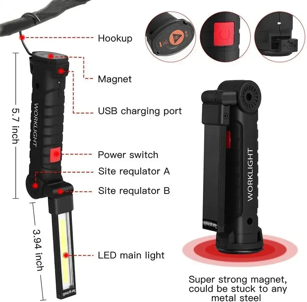 COB LED Work Light USB Rechargeable Magnetic Flashlight Super Bright Folding Lantern for Camping Emergency Car Repair with Hook