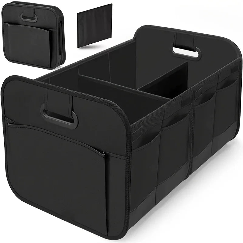 Collapsible 600D Oxford Car Trunk Organizer with Reinforced Handles & Multi-Compartments. Fits All Cars, SUVs, Vans.