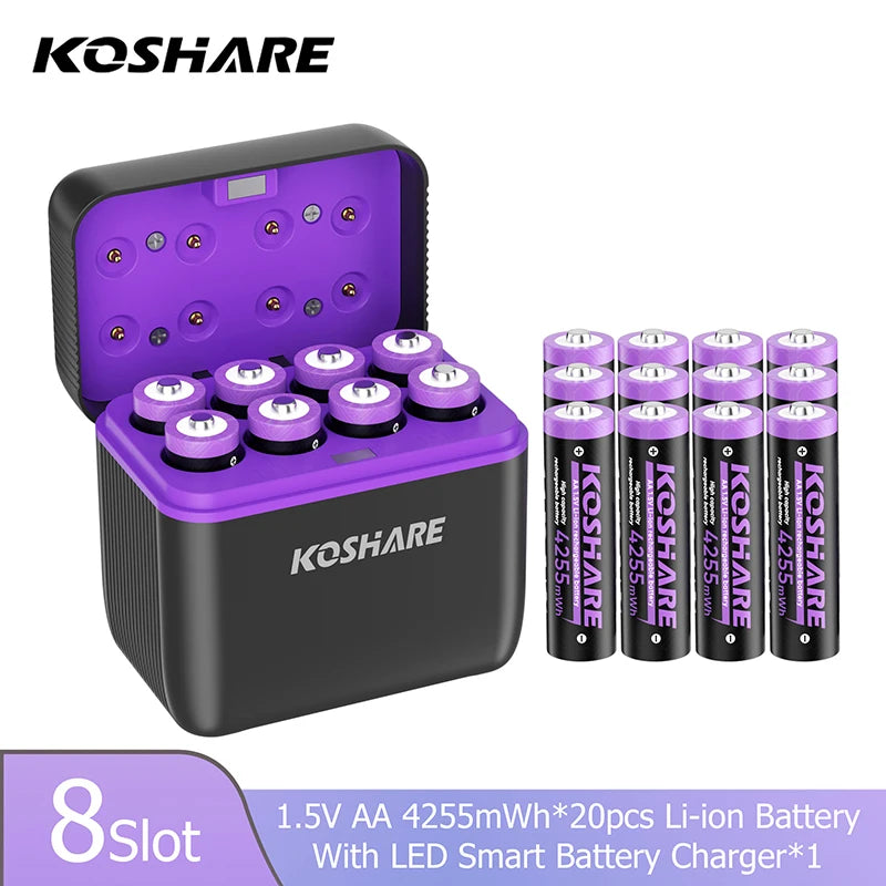 KOSHARE 1.5V AA 4255mWh AAA 1100mWh Rechargeable Lithium Battery Charger Set  With LED Indicator Arc-look Fast Charging Case