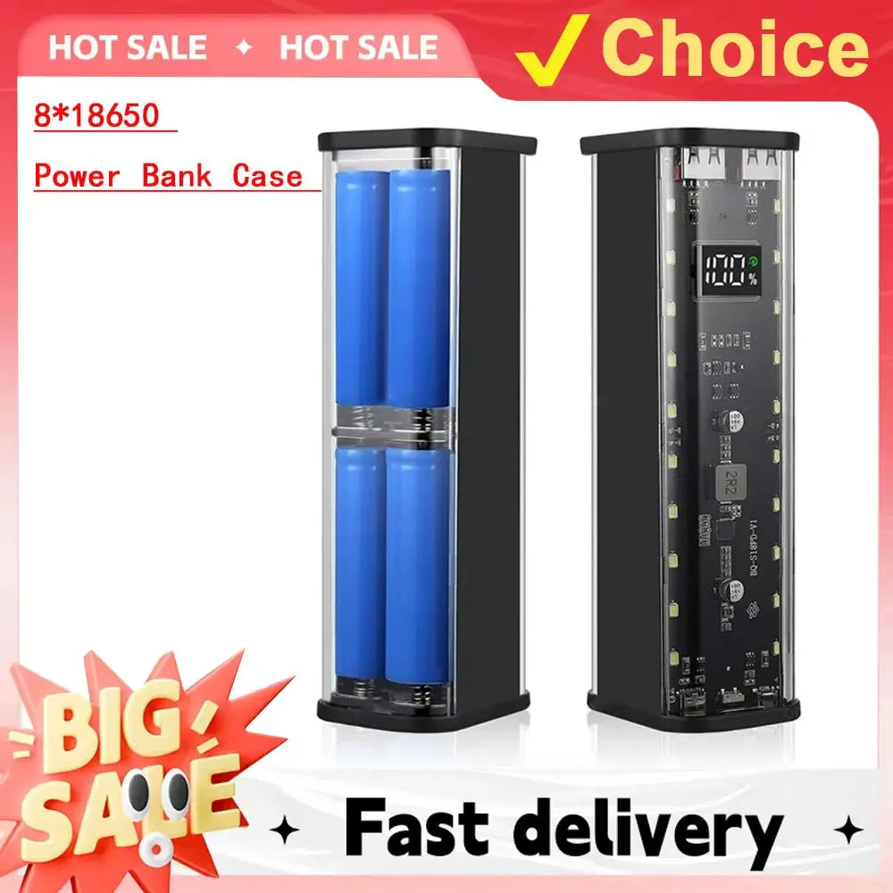 Transparent Shell 18650 Power Bank Case 22.5W Fast Charging LED USB C + Micro USB Port Battery Storage Box For iPhone Samsung