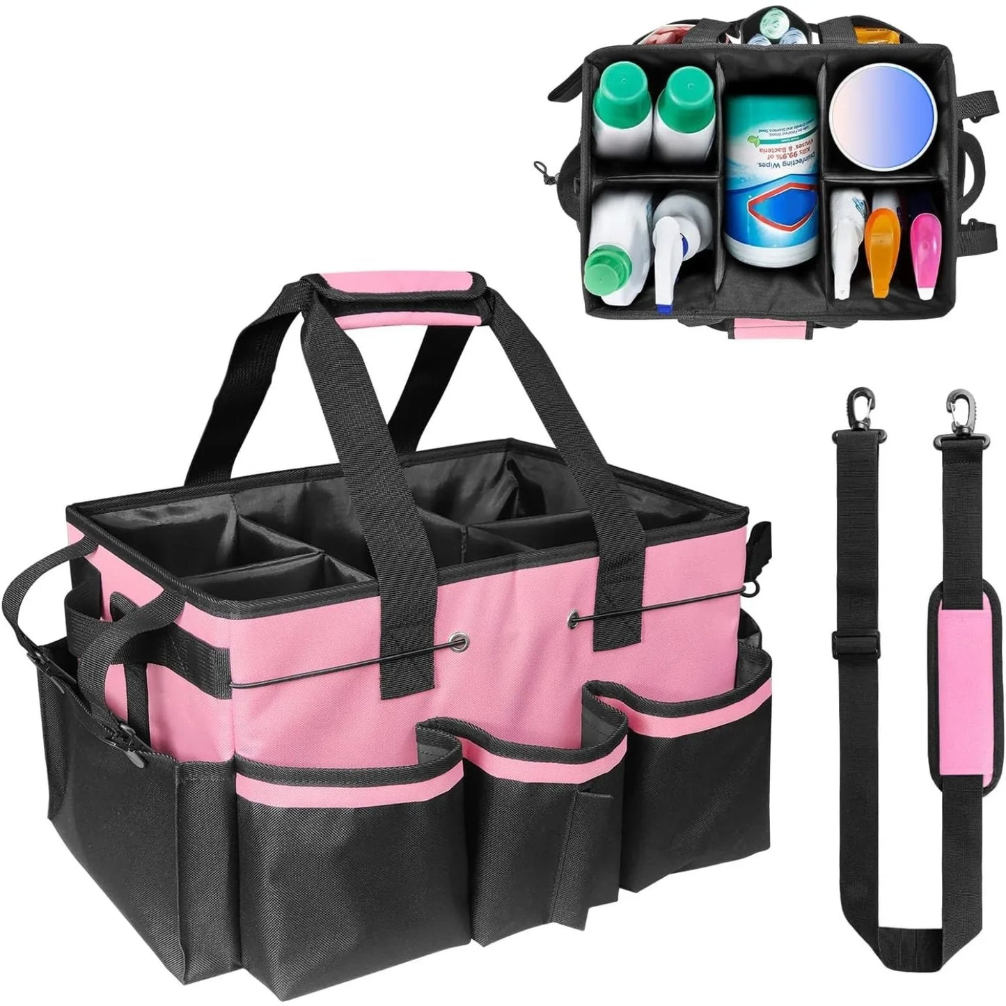 Large Cleaning Caddy Bag with Handle, Built-in Sturdy Support Board,  Multi-compartment Design Cleaning Supply Tote