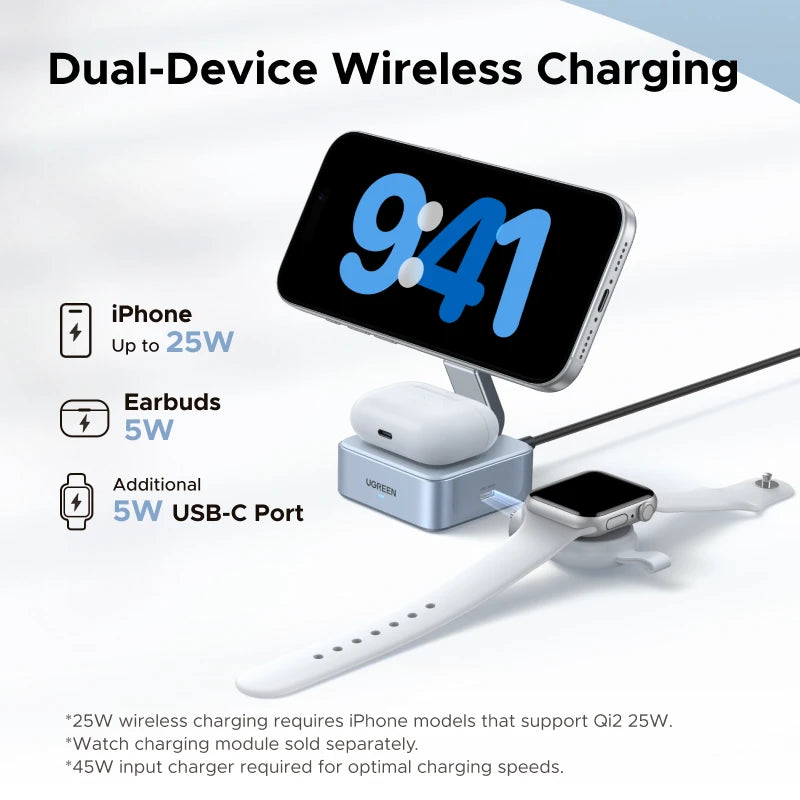 UGREEN Qi2.2 25W 15W 2-in-1 Magnetic Wireless Charger Stand Fast Charging Stand Charger For iPhone 16 17/AirPods Magflow Charger