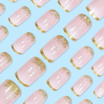 24Pcs Short Square Ombre Gradient Press On Nails Gold Glitter Acrylic Design Self Adhesive Reusable False Nails Daily Party Manicure Supply