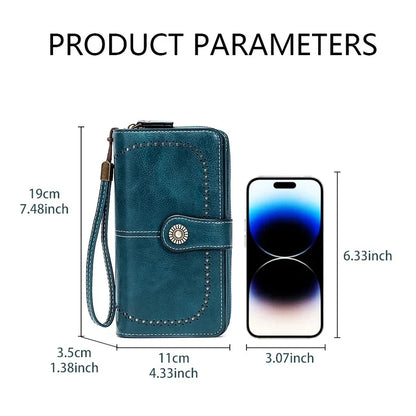 Unisex RFID Blocking Vintage Waxed Leather Long Wallet Large Capacity Zipper Clutch Multi Slots Card Coin Hand Purse