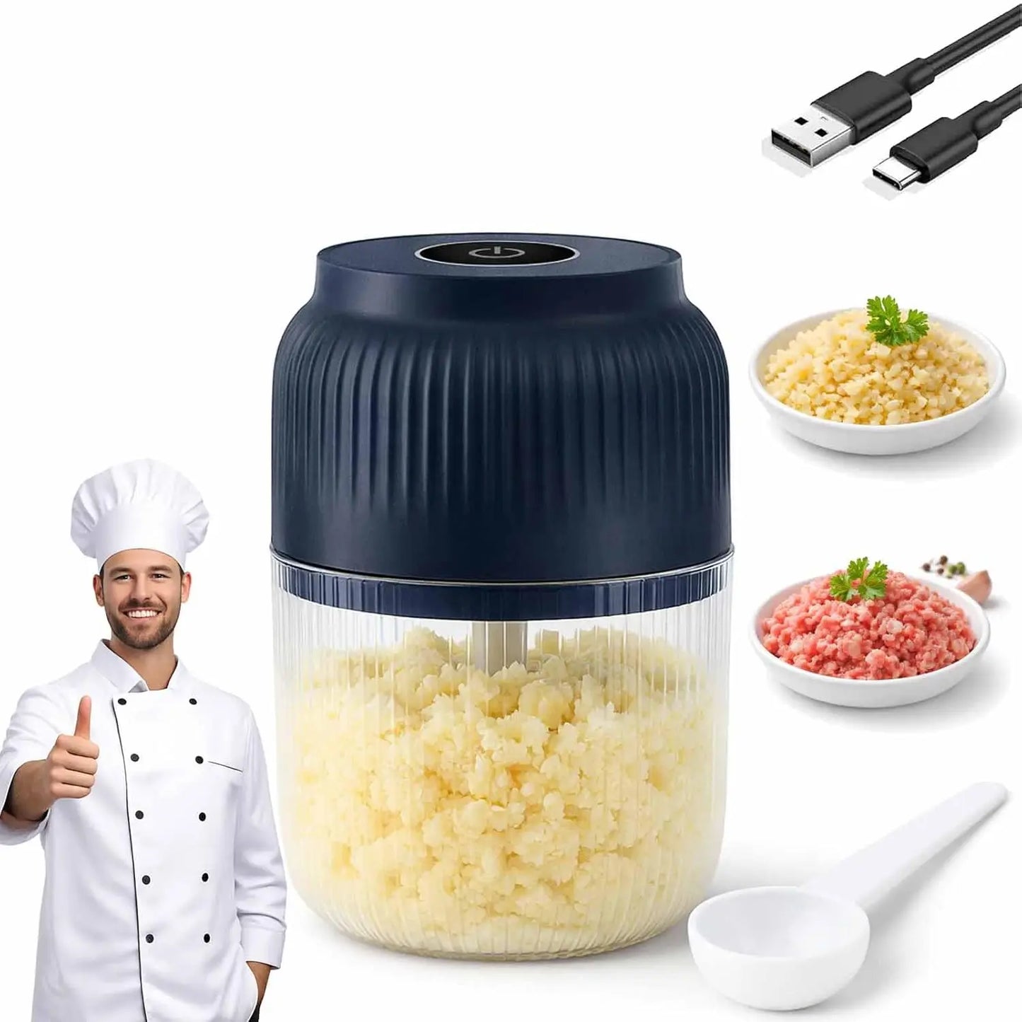 Electric Garlic Chopper, Mini Portable Veggie Chopper, 250ML Garlic Grinder Masher Onion Grinder, Blender to Vegetable, Wireless Food Processor for Ginger, Chili, Fruit, Meat, etc