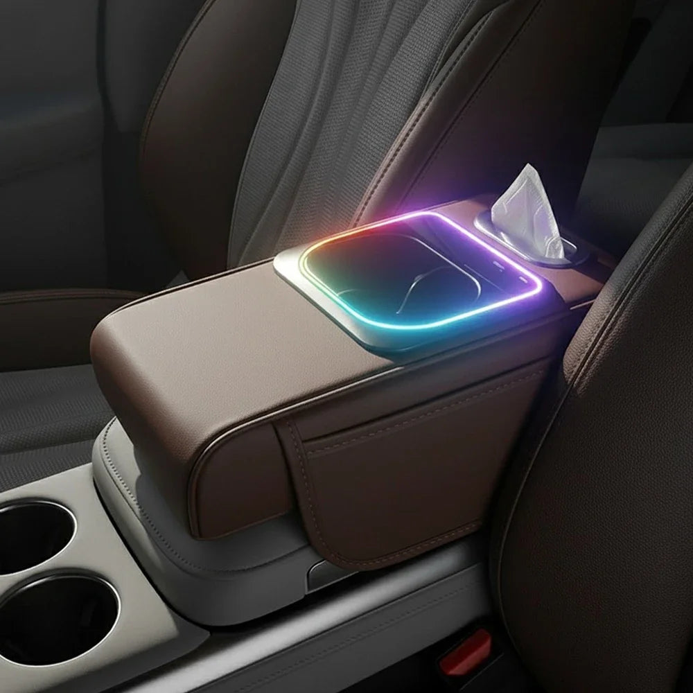 Car Armrest Cushion Center Console Storage Organizers Seat Cover Cup Holder Tissue Box Phone Slot Fast Charger Ambient LED Light