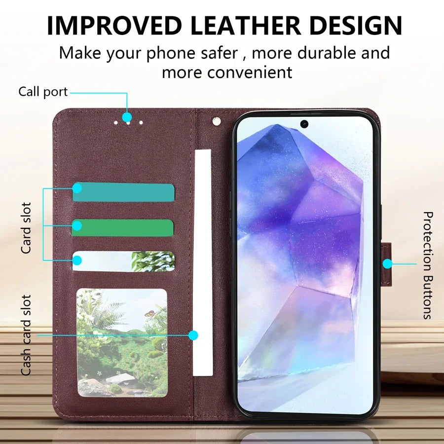 Wallet Flip Leather Case for Samsung Galaxy A Series – Card Slots, Stand, and Magnetic Closure