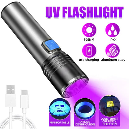 USB Rechargeable UV Flashlight For Pet Urine Detection Resin Cured 395nm UV Flashlight Black Light Zoom