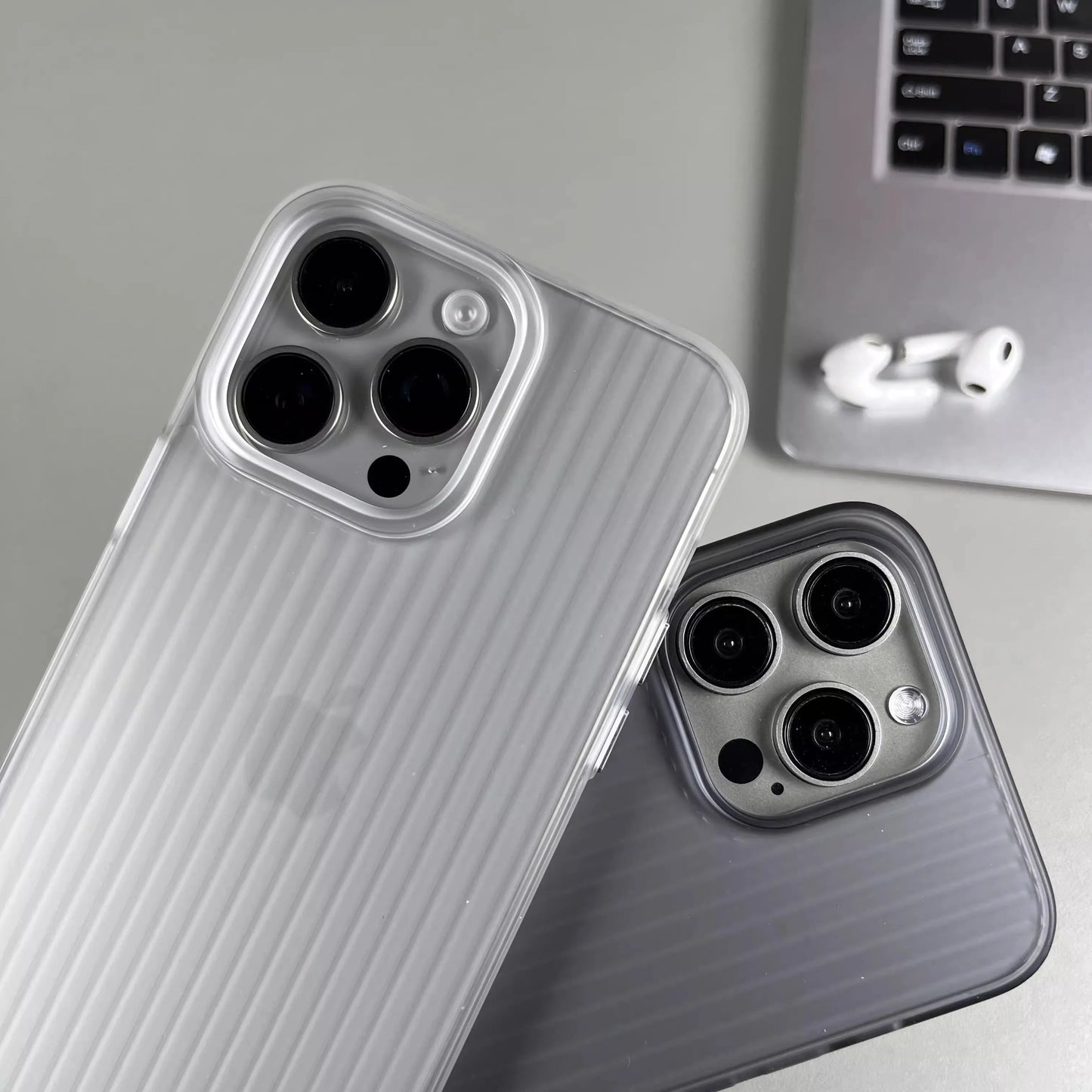 Natural Titanium Grating Stripe Pattern Phone Case for iPhone 16 14 15 13 Pro Max Plus Metal Button Shockproof Hard Armor Cover