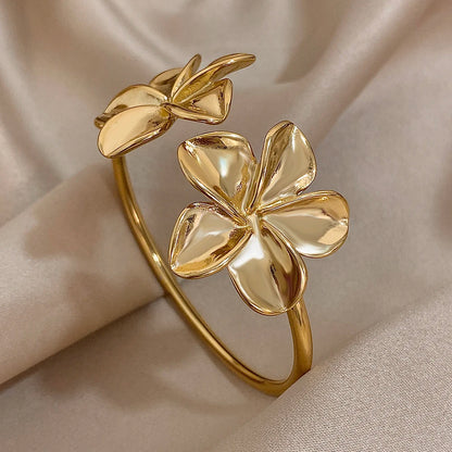 Greatera Stainless Steel Double Flower Cuff Bracelet – Gold Color Waterproof