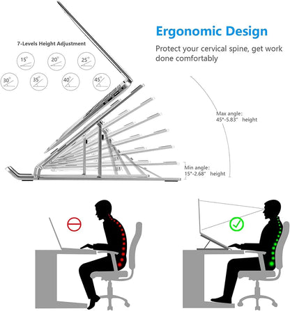 Ergonomic Aluminum Alloy Foldable Laptop Stand, 7 Adjustable Angles, Sand-Blasted Anti-Slip Stable Computer Holder