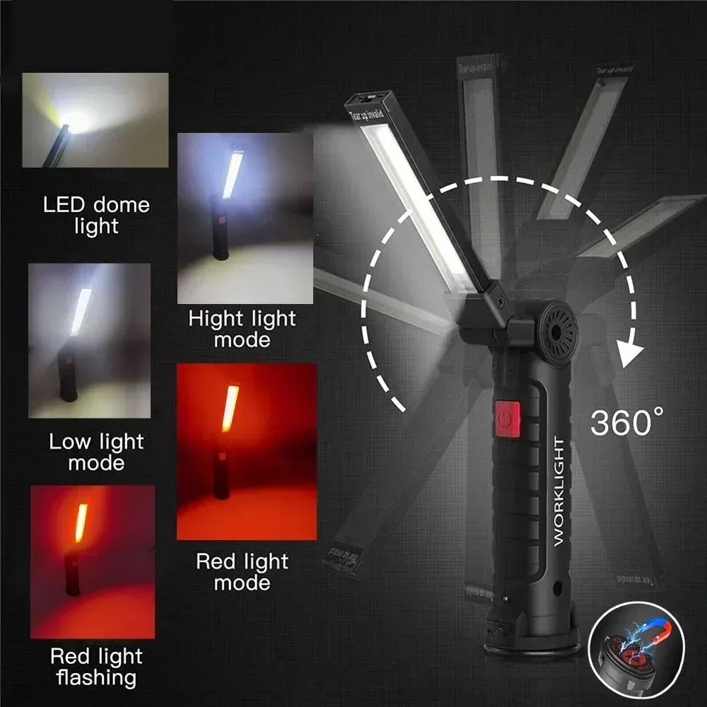 COB LED Work Light USB Rechargeable Magnetic Flashlight Super Bright Folding Lantern for Camping Emergency Car Repair with Hook