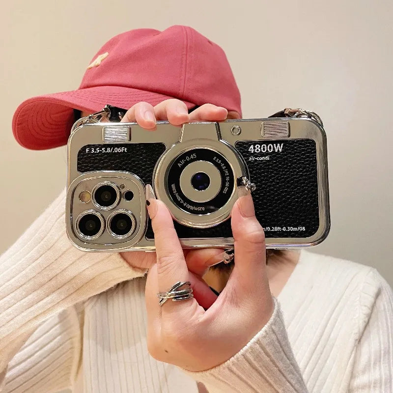 Fashionable Retro Camera Phone Case For iPhone 17 16 15 14 13 12 Pro Max Plus with Wrist Strap Protective Case