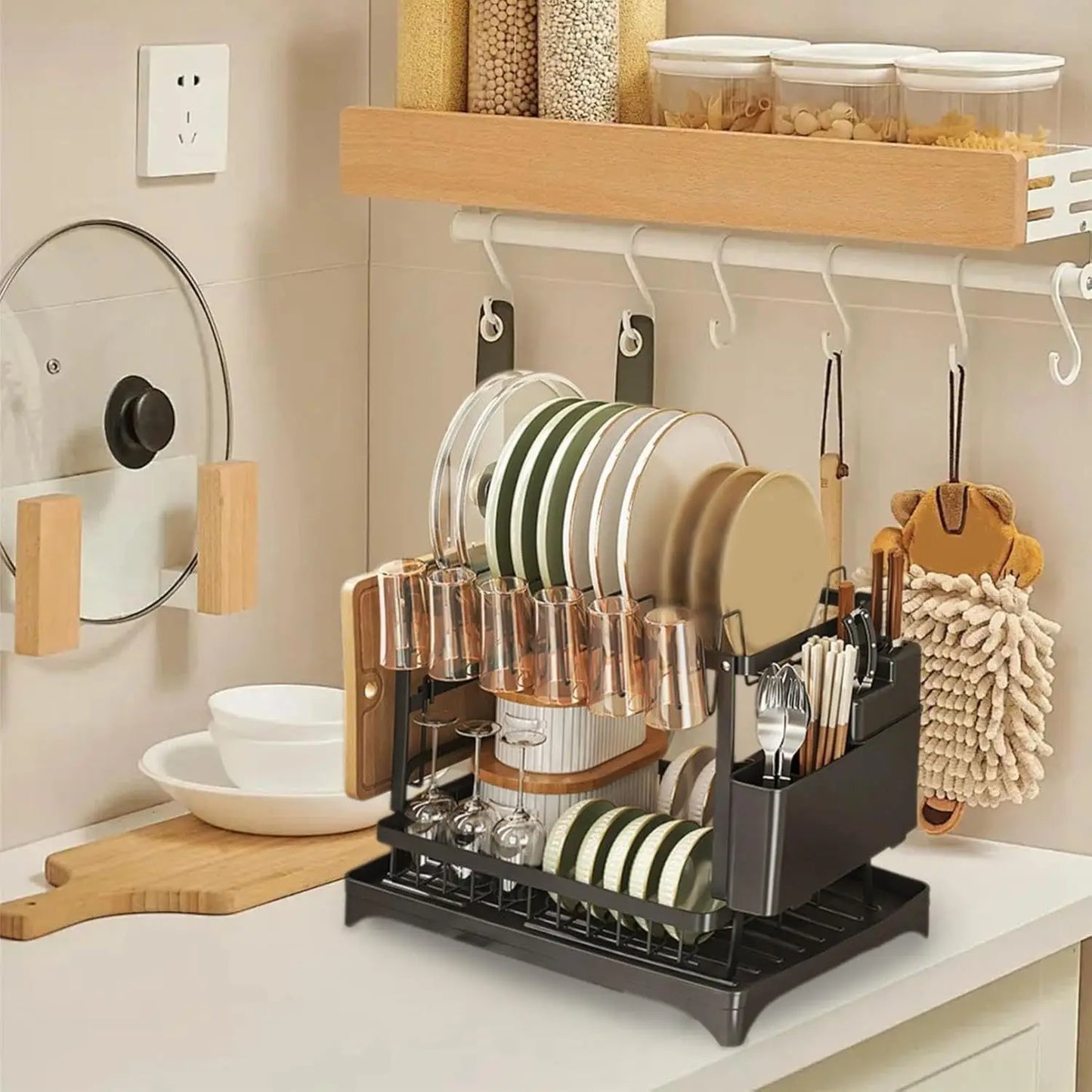 2 Tier Dish Drying Rack Kitchen Bowl Drainer Storage Rack Tableware Drain Chopsticks Knife Fork Water Cup Storage Holder 2 Tier