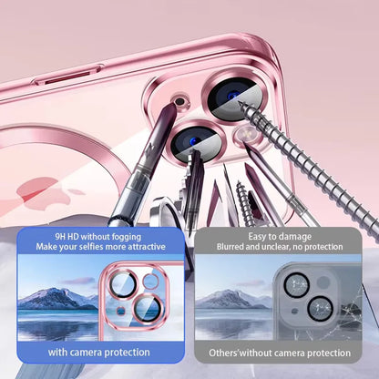 Clear Plating Ultrathin Silicone Case For iPhone 16 15 14 13 12 11 Pro Max 16 Plus Magsafe Magnetic Lens Film Protect Cover Pink