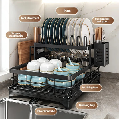 2-Tier Expandable Dish Drying Rack, Metal Kitchen Dish Rack and Drainboard Set with Knife Fork Holder & Cutting Board Organizer for Countertop