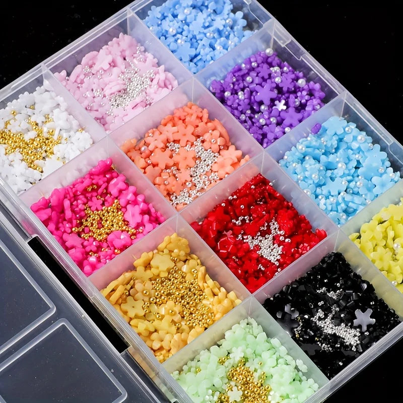1500pcs/box Floral Nail Art Charms Set, Y2K Style High Quality Colorful Resin Flowers 3D Nail Charm