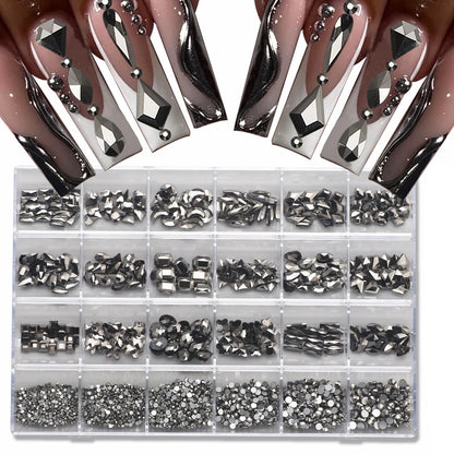 1 Box of Multi -Shaped 3D Nail Diamond Kits -24 AB Crystal Gem Grids, Flat -Bottom Nail Art Accessories Multi -Style Nail Suppli