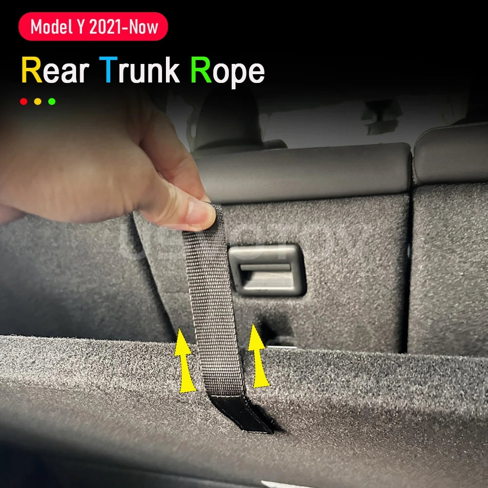 For Tesla Model Y Rear Trunk Rope DrawString Open Tail Box Cover Handle Pull Strap Car Organizer Accessories Mat Protection Pad