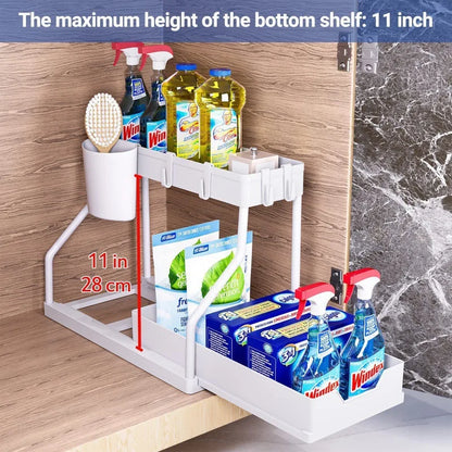 Space-Saving Organizer Shelf 2-Tier Pull-Out Storage Organizer Durable Large Capacity Drawer for Kitchen and Bathroom Essentials