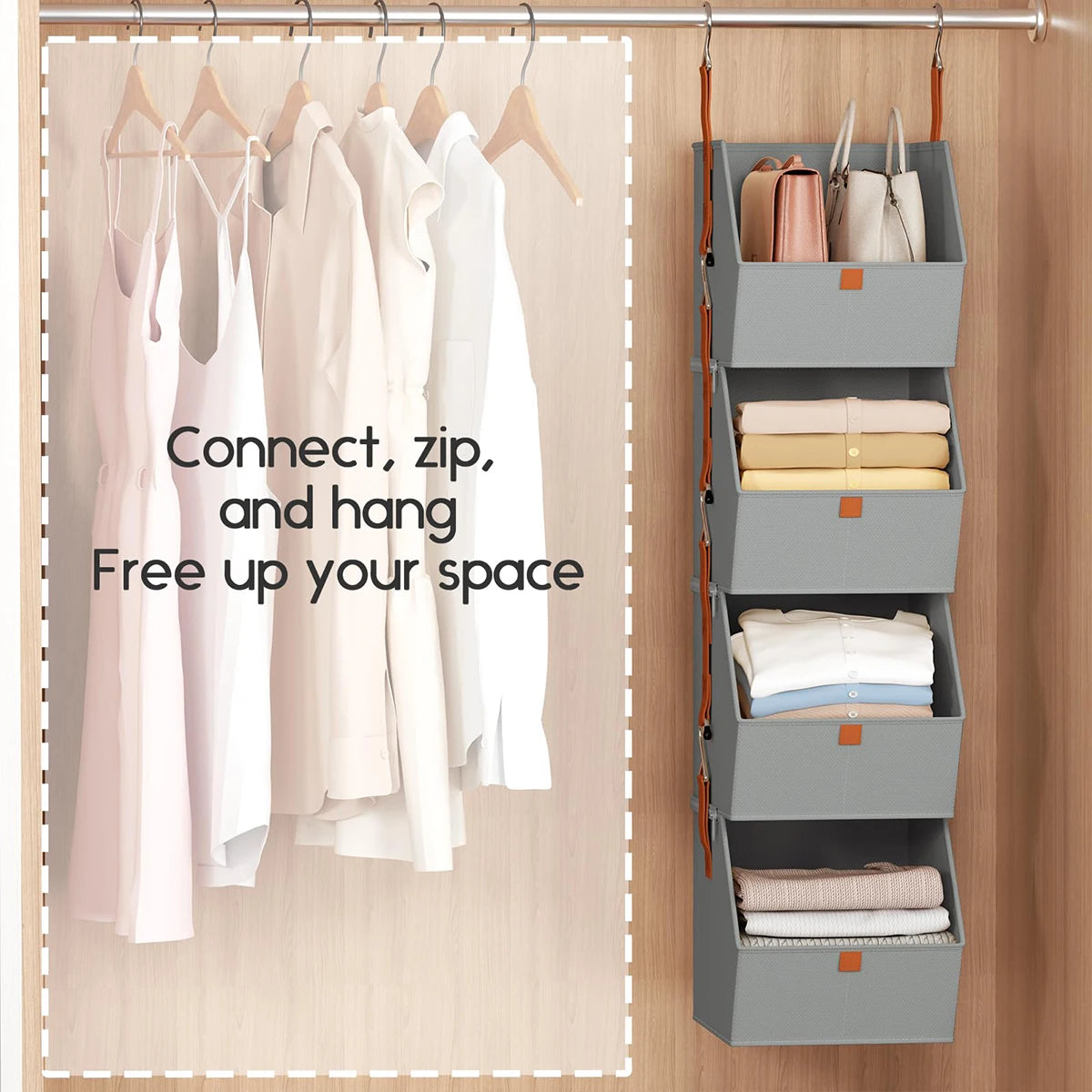 Hanging Closet Organizer 4 Tier - Clothes Hanging Shelves, Space-Saving Closet System, Storage Bins Bedroom Organization
