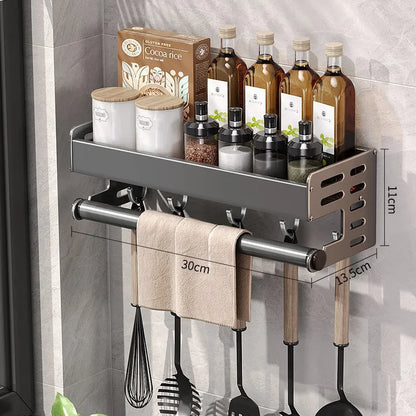 Gunmetal Space Aluminum No-Drill Wall Mounted Kitchen Storage Rack - Multi-Functional Organizer for Spice Jars and Knives