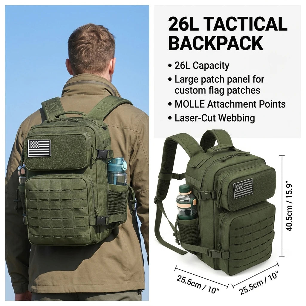 26L Tactical Travel Backpack for Men with Dual Cup Holders, MOLLE Outdoor Hiking Rucksack for Fitness Gym, Camping & Daily Commute