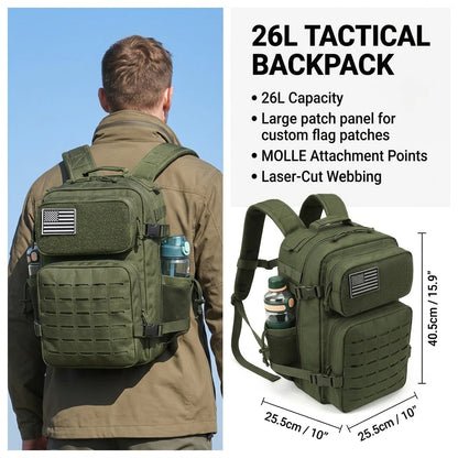 26L Tactical Travel Backpack for Men with Dual Cup Holders, MOLLE Outdoor Hiking Rucksack for Fitness Gym, Camping & Daily Commute
