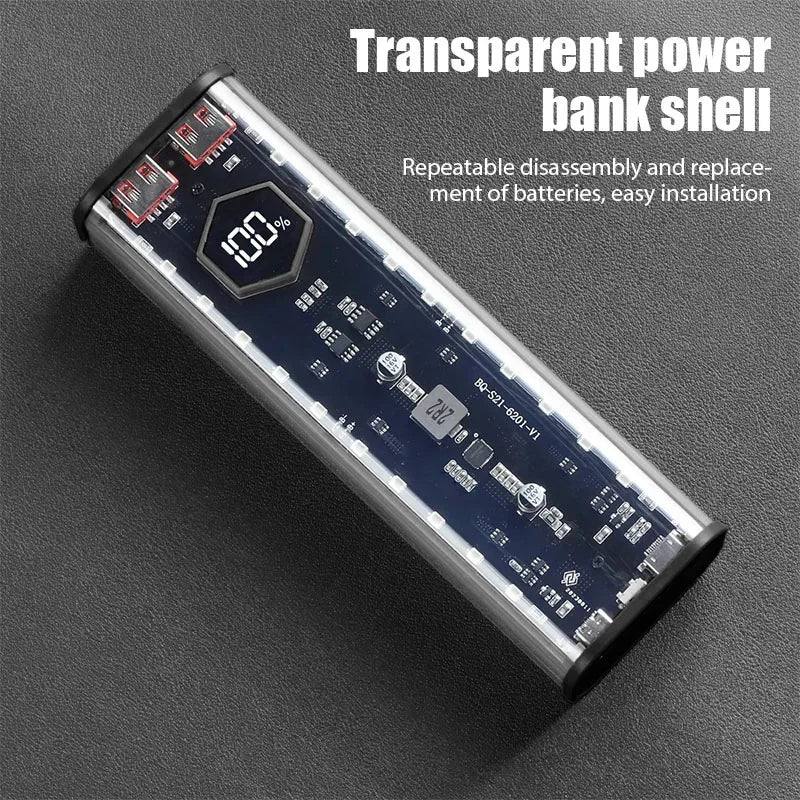 Transparent Shell 18650 Power Bank Case 22.5W Fast Charging LED USB C + Micro USB Port Battery Storage Box For iPhone Samsung