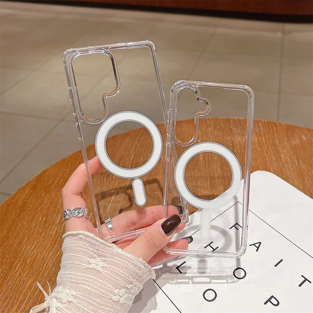 Magnetic Charge Phone Case For Samsung Galaxy S26 S25 S24 S23 Ultra S22 Plus S21 FE A35 A55 Clear Acrylic Slim Shockproof Cover