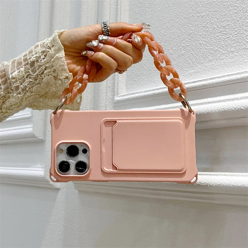 Liquid Silicone Wallet Card Slot Four Corner Anti-Fall Bracelet Phone Case for iPhone 17 18 Pro Max 15 14 13 12 Mini 16 Pro Max