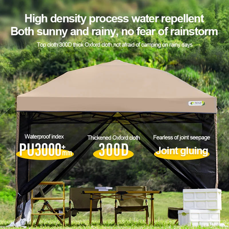 Outdoor Pop-Up Awning Beach Camping Instant Canopy Pavilion Tent With Side Wall 10x10 Feet Khaki Sunscreen Rainstorm Proof