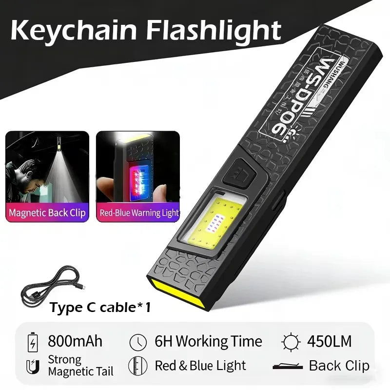 Mini COB LED Flashlight USB C Rechargeable Powerful Work Light  with Clip Magnet Waterproof EDC Camping Walking Pocket Lamp
