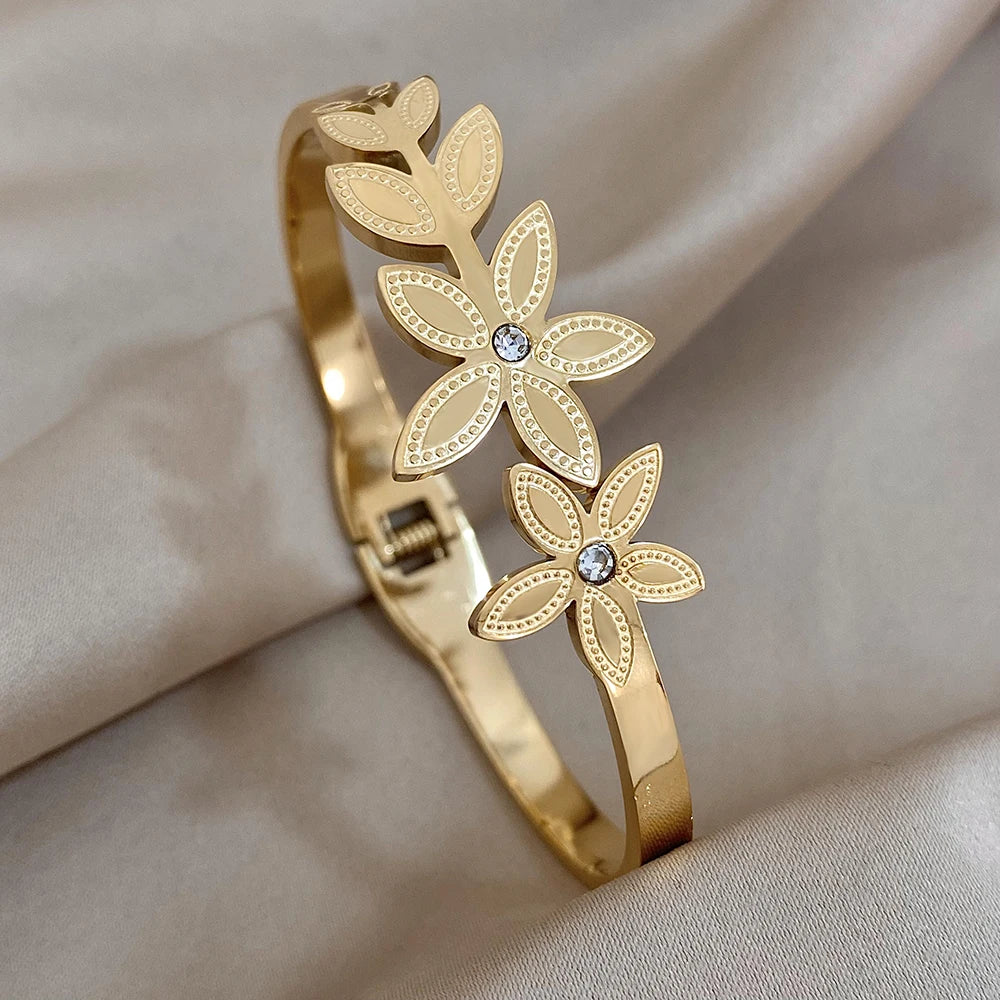 Greatera Stainless Steel Double Flower Cuff Bracelet – Gold Color Waterproof