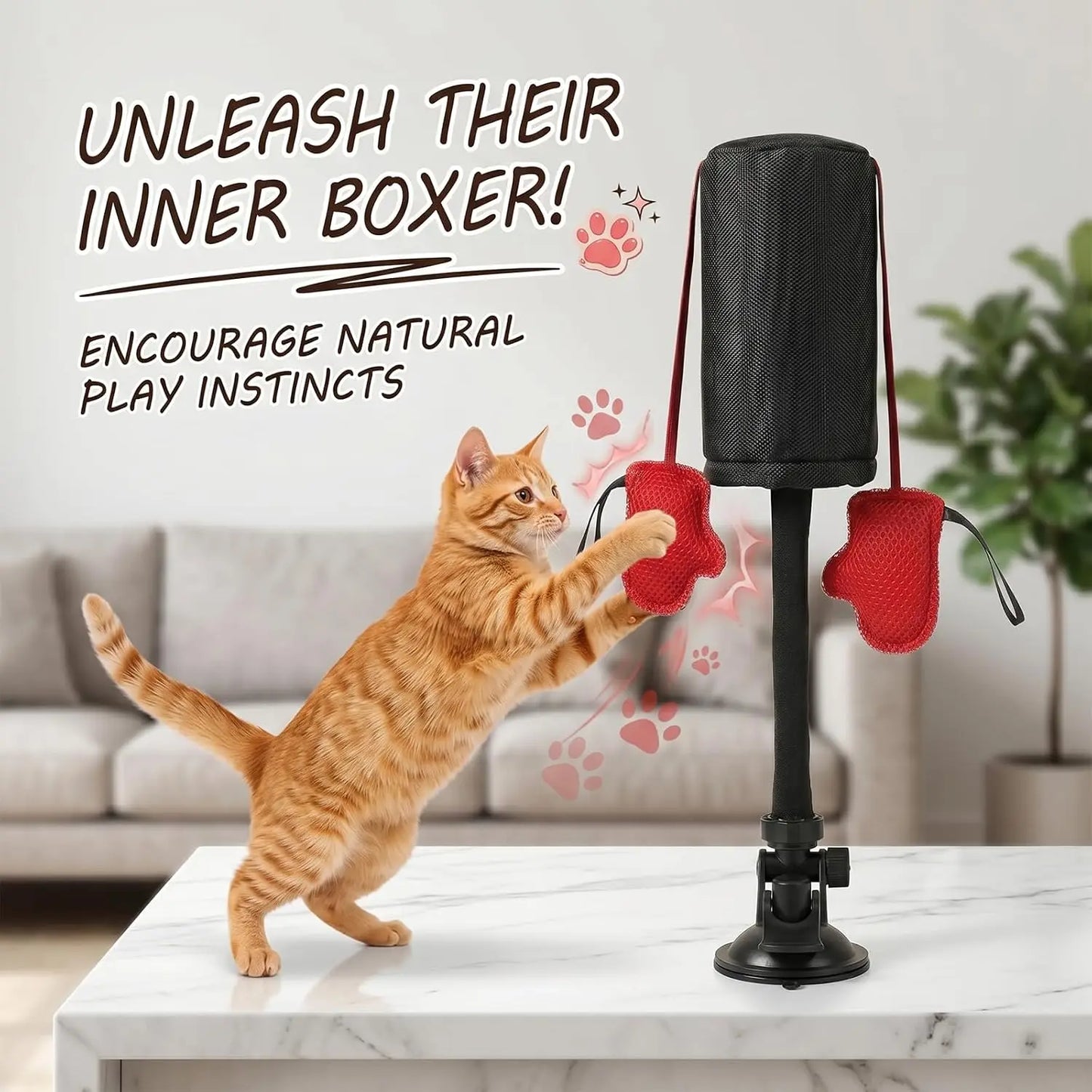 Paw Punch Cat Boxing Toy Cat Punching Bag with Boxing Gloves-Interactive Exercise Toy Indoor Play Durable Suction Cup Activity