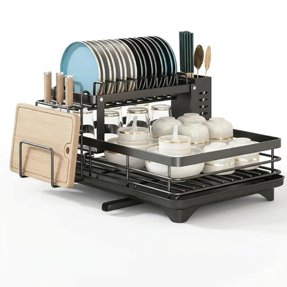 2-Tier Expandable Dish Drying Rack, Metal Kitchen Dish Rack and Drainboard Set with Knife Fork Holder & Cutting Board Organizer for Countertop