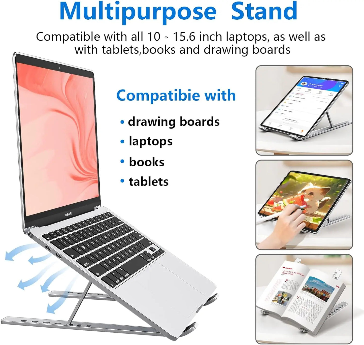 Ergonomic Aluminum Alloy Foldable Laptop Stand, 7 Adjustable Angles, Sand-Blasted Anti-Slip Stable Computer Holder