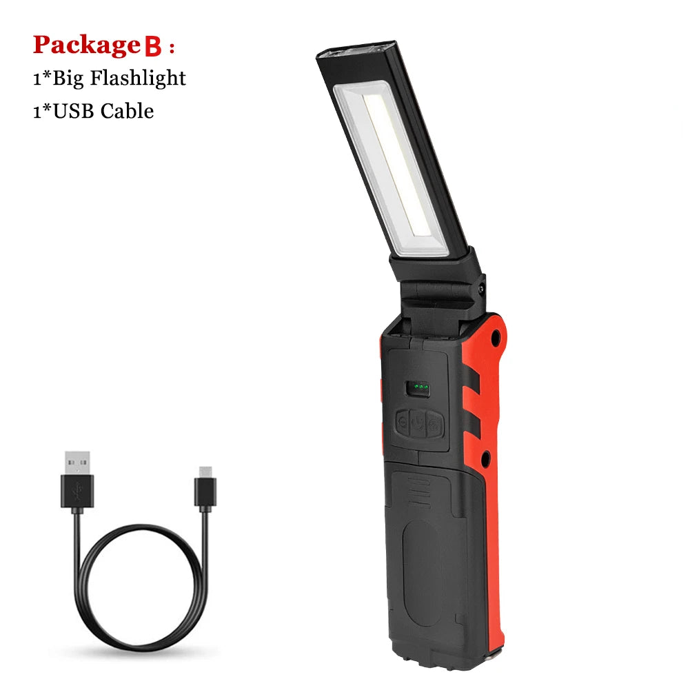 Dimmable COB LED Work Light USB Rechargeable Folding Flashlight Inspection Lamp with Magnetic Hook Power Bank