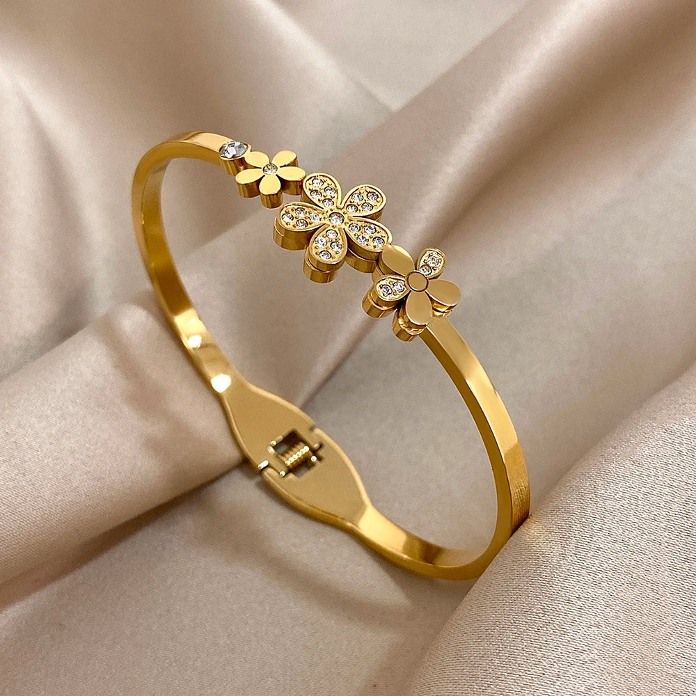 Greatera Stainless Steel Double Flower Cuff Bracelet – Gold Color Waterproof