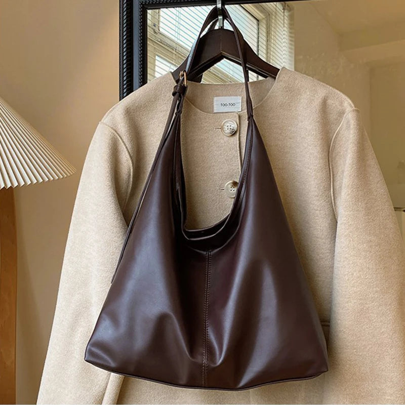 Women Hobo Bag Simple PU Leather Solid Shoulder Bag Fashion Large Capacity Tote Handbag Slouchy Underarm Bag
