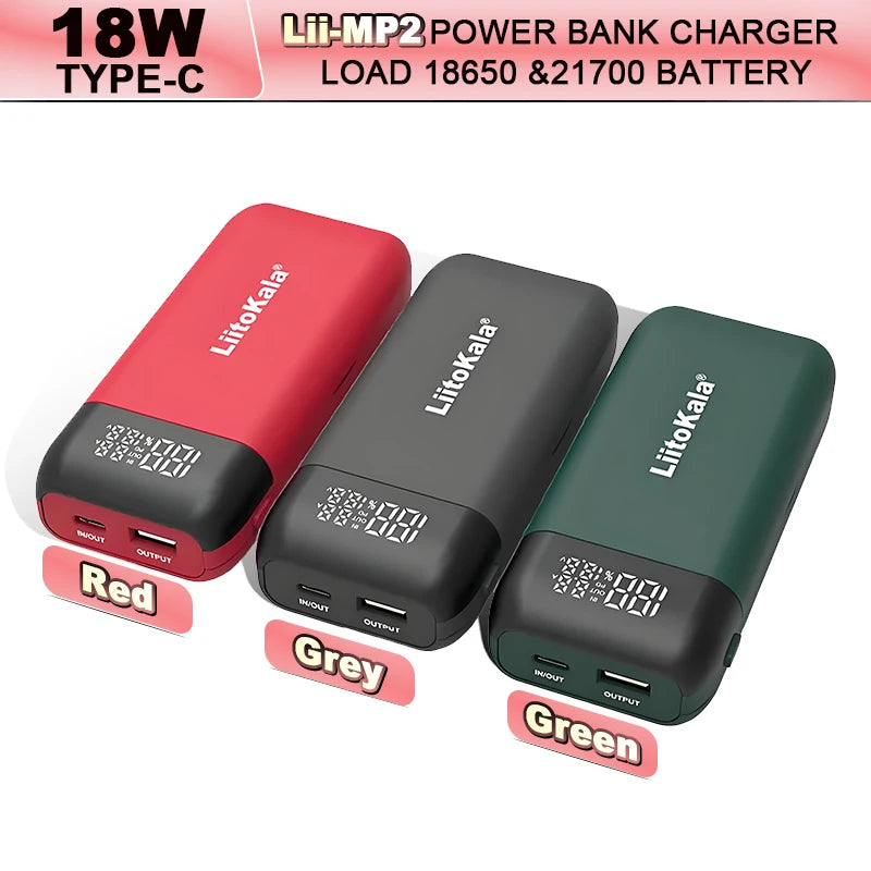 LiitoKala Lii-MP2 Dual Bay 18650/21700 Charger & QC3.0 PD3.0 Power Bank (No Battery)Input/Output Digital Display