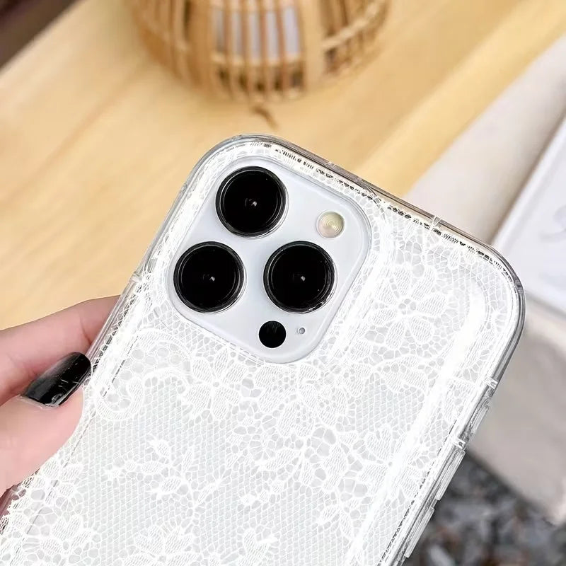 Elegant Romantic White Lace Pattern Phone Case For iPhone 17 Pro Air 16 15 14 13 12 11 Pro Max 7 8 Plus SE2 16E Soft Clear Cover