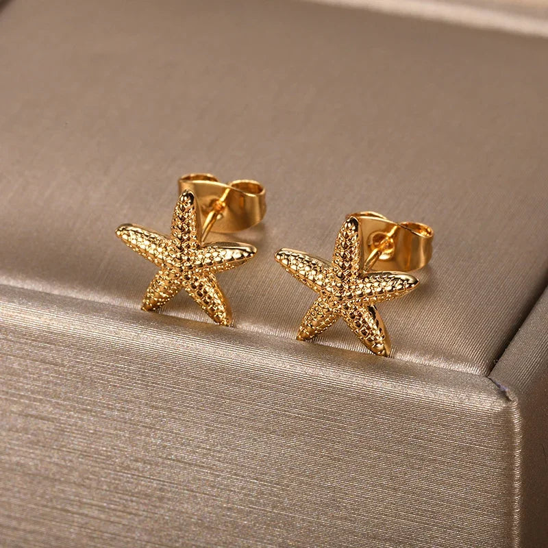 Gold Plated Stainless Steel Geometric Claw Earrings - Starfish & Heart Studs for Women, Waterproof Fashion Jewelry Gift
