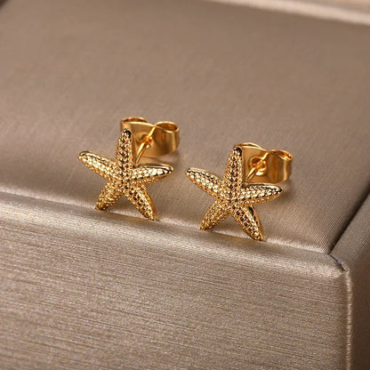 Gold Plated Stainless Steel Geometric Claw Earrings - Starfish & Heart Studs for Women, Waterproof Fashion Jewelry Gift